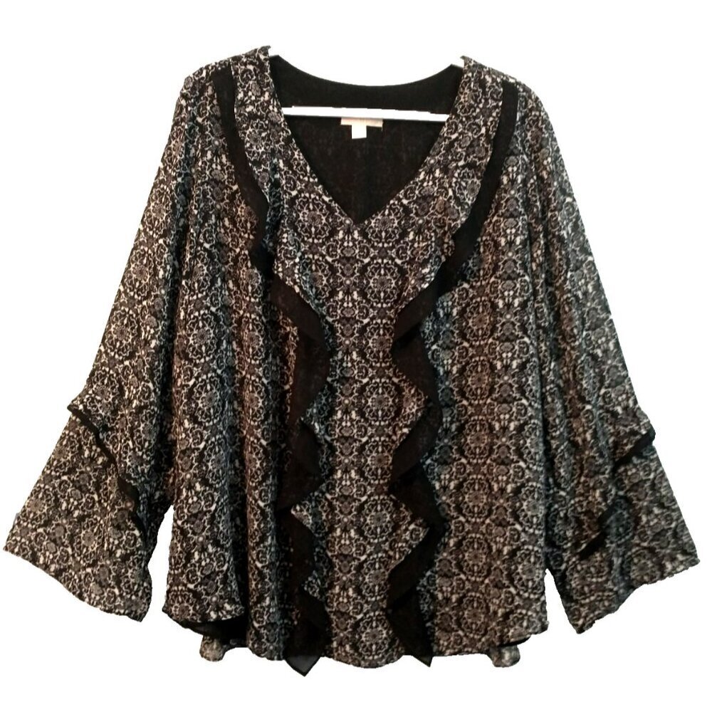Belle by Kim Gravel Blouse Ruffle Front Flared Sleeve Black/White Lined - 2X